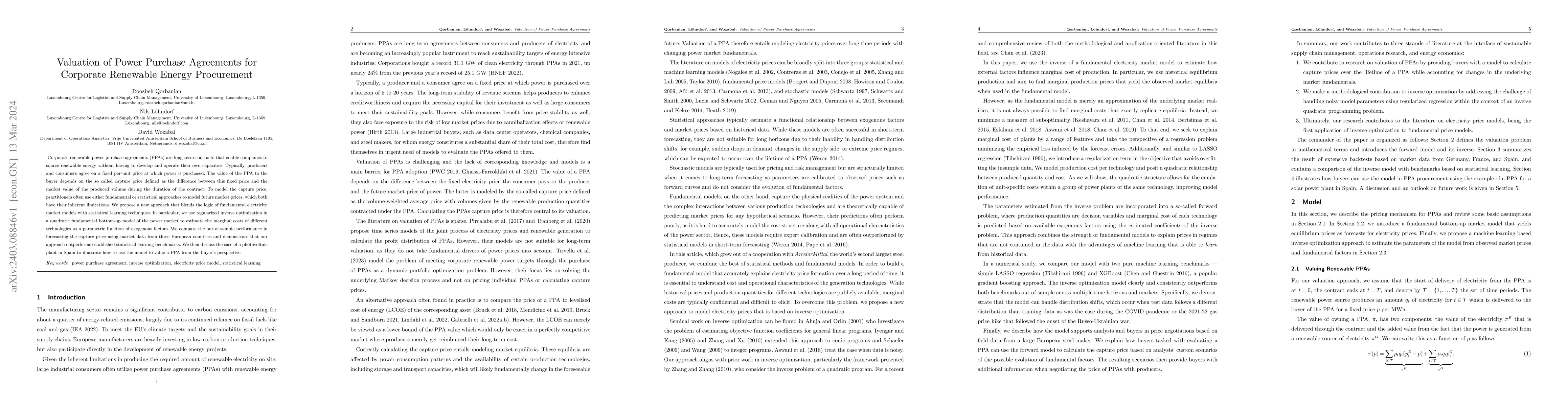 Thumbnail for Valuation of Power Purchase Agreements for Corporate Renewable Energy
  Procurement