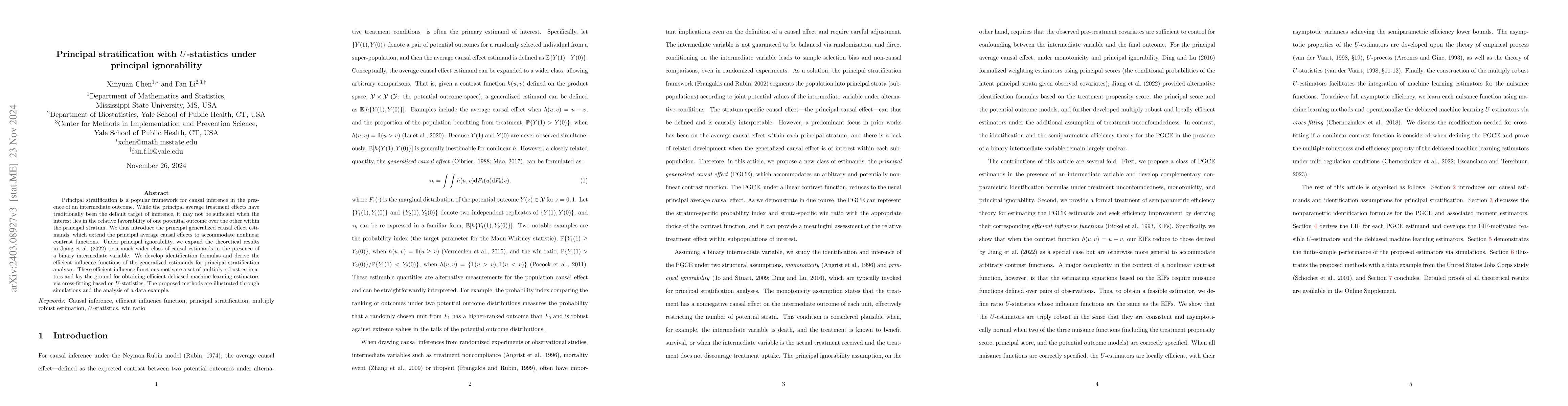 Thumbnail for Principal stratification with U-statistics under principal ignorability
