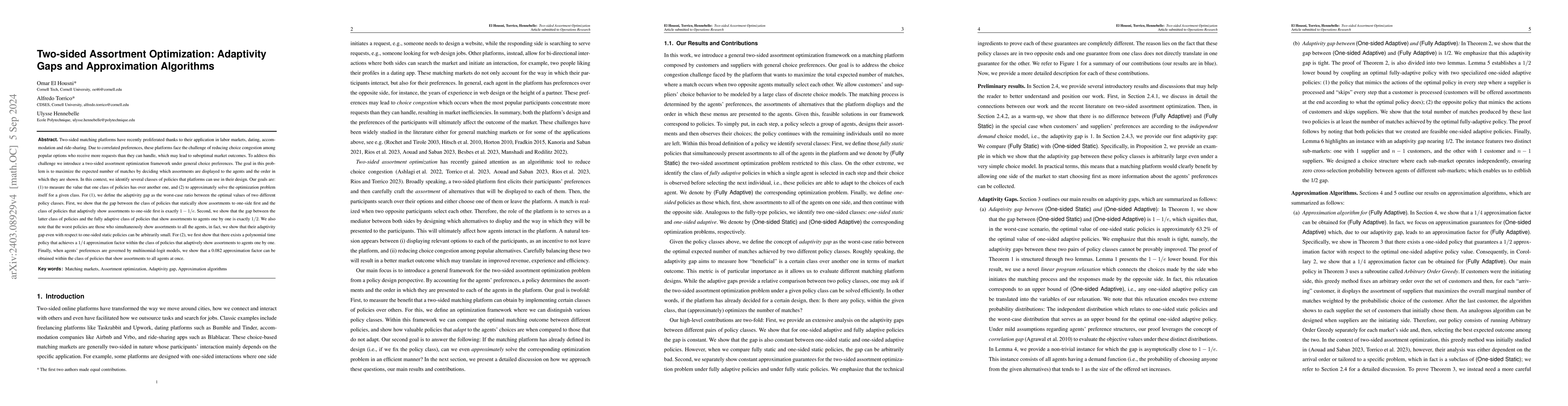 Thumbnail for Two-sided Assortment Optimization: Adaptivity Gaps and Approximation
  Algorithms