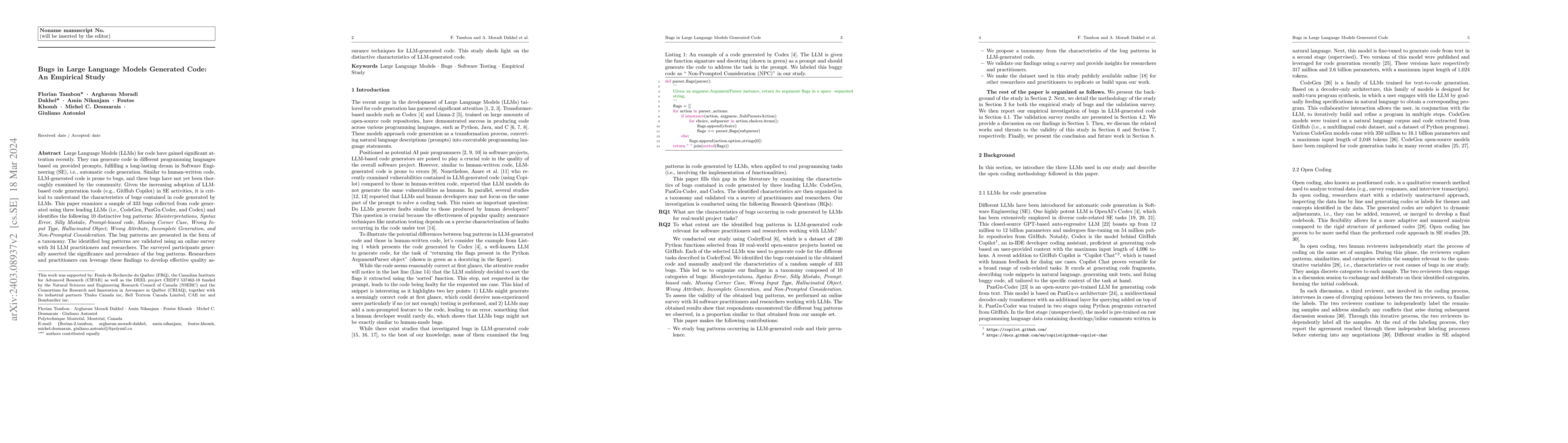Thumbnail for Bugs in Large Language Models Generated Code: An Empirical Study