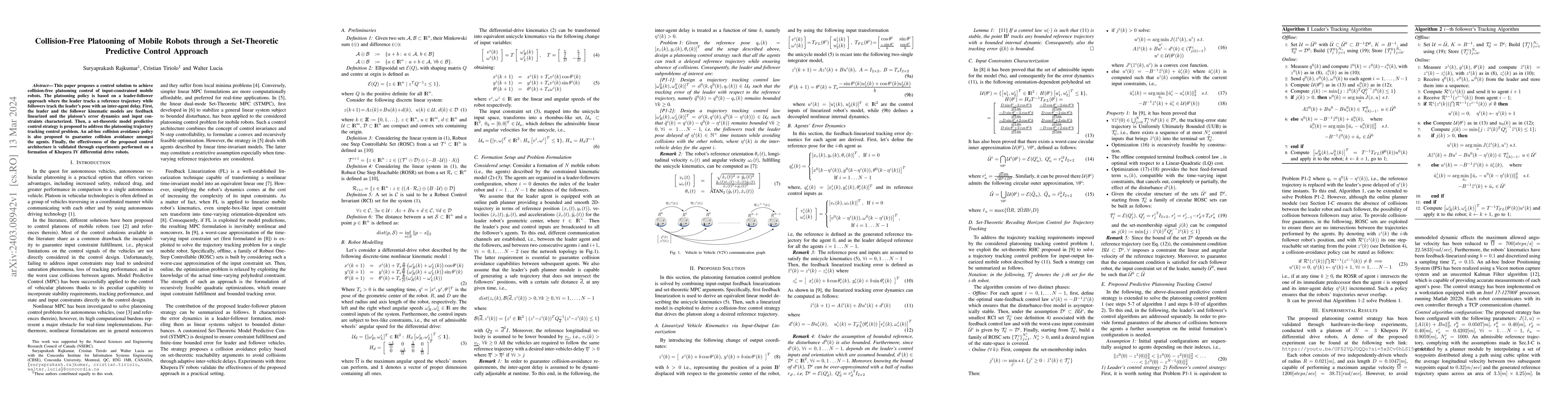 Thumbnail for Collision-Free Platooning of Mobile Robots through a Set-Theoretic
  Predictive Control Approach