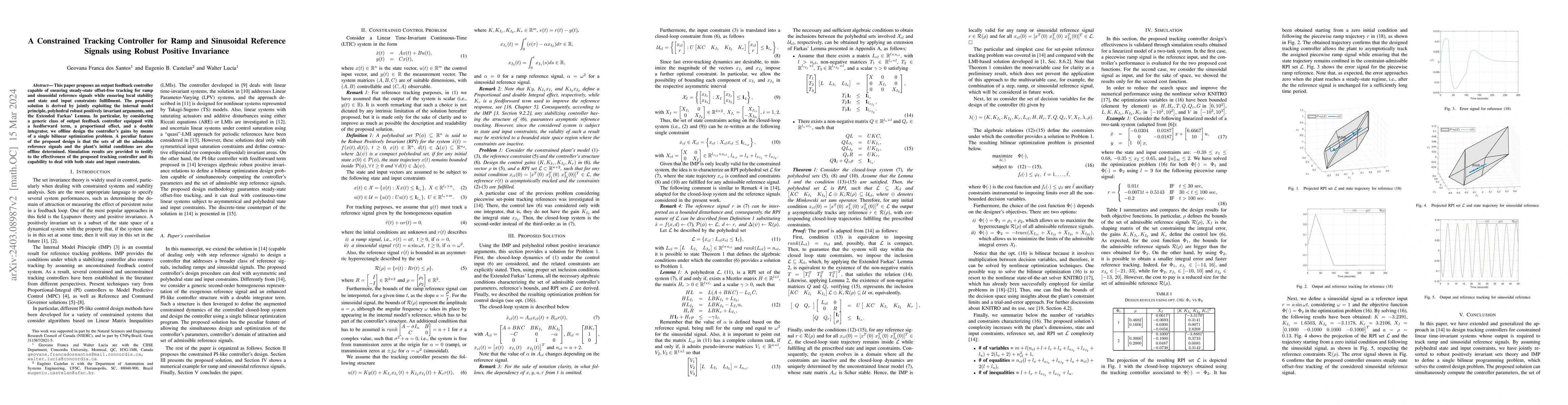 Thumbnail for A Constrained Tracking Controller for Ramp and Sinusoidal Reference
  Signals using Robust Positive Invariance