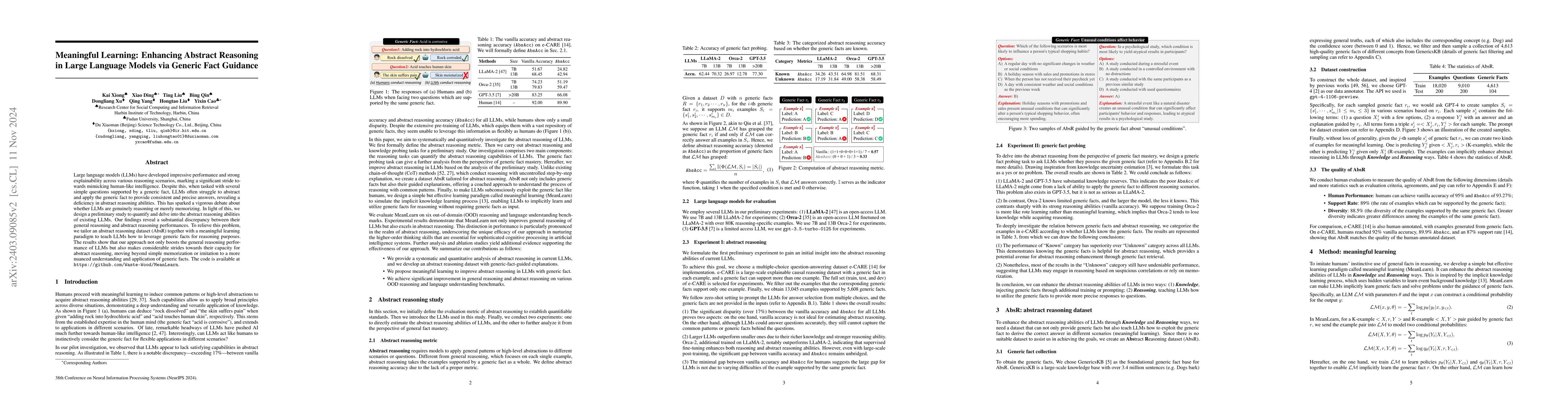 Thumbnail for Meaningful Learning: Advancing Abstract Reasoning in Large Language
  Models via Generic Fact Guidance