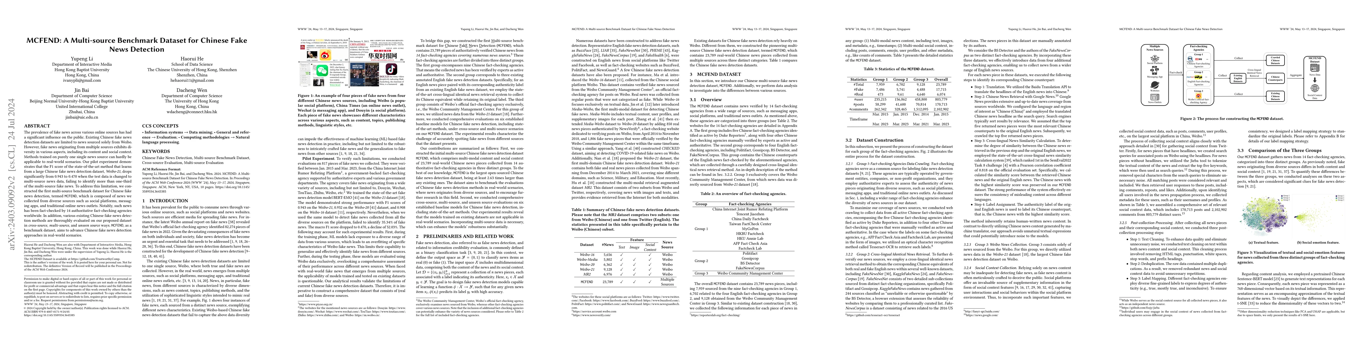 Thumbnail for MCFEND: A Multi-source Benchmark Dataset for Chinese Fake News Detection