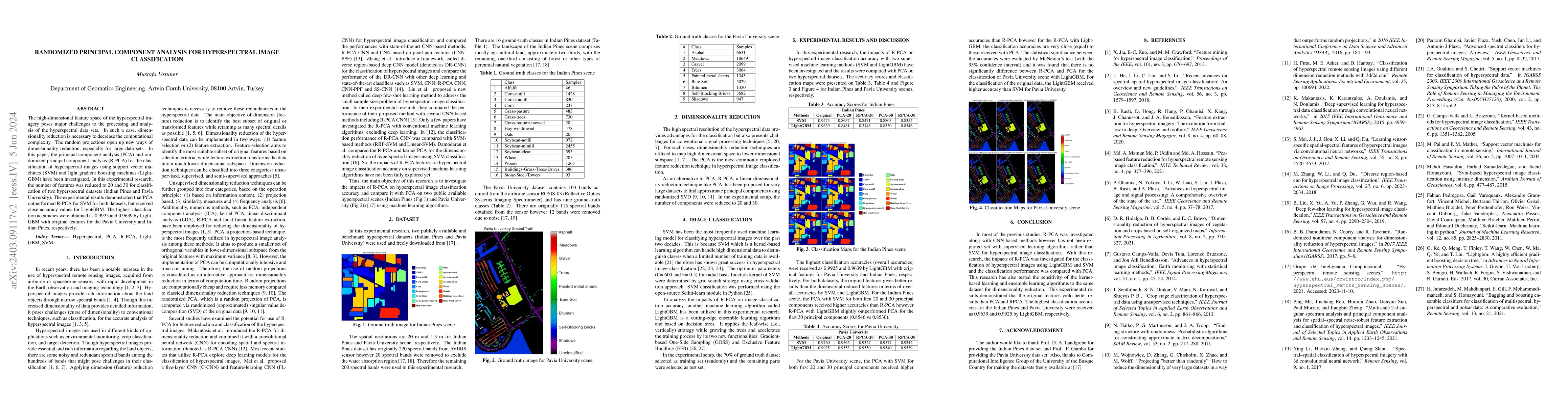 Thumbnail for Randomized Principal Component Analysis for Hyperspectral Image
  Classification