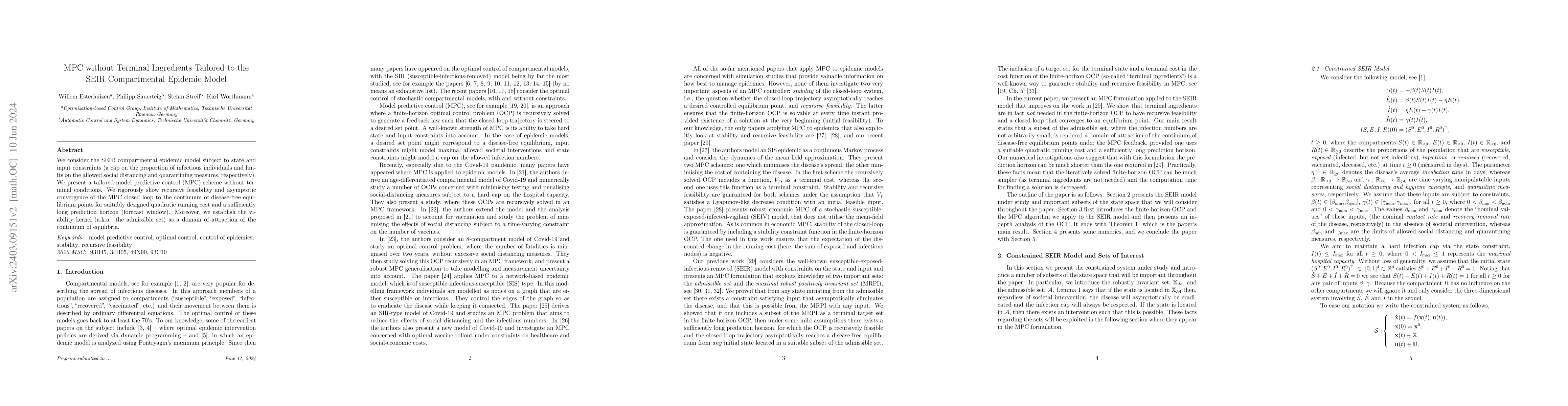 Thumbnail for MPC without Terminal Ingredients Tailored to the SEIR Compartmental
  Epidemic Model