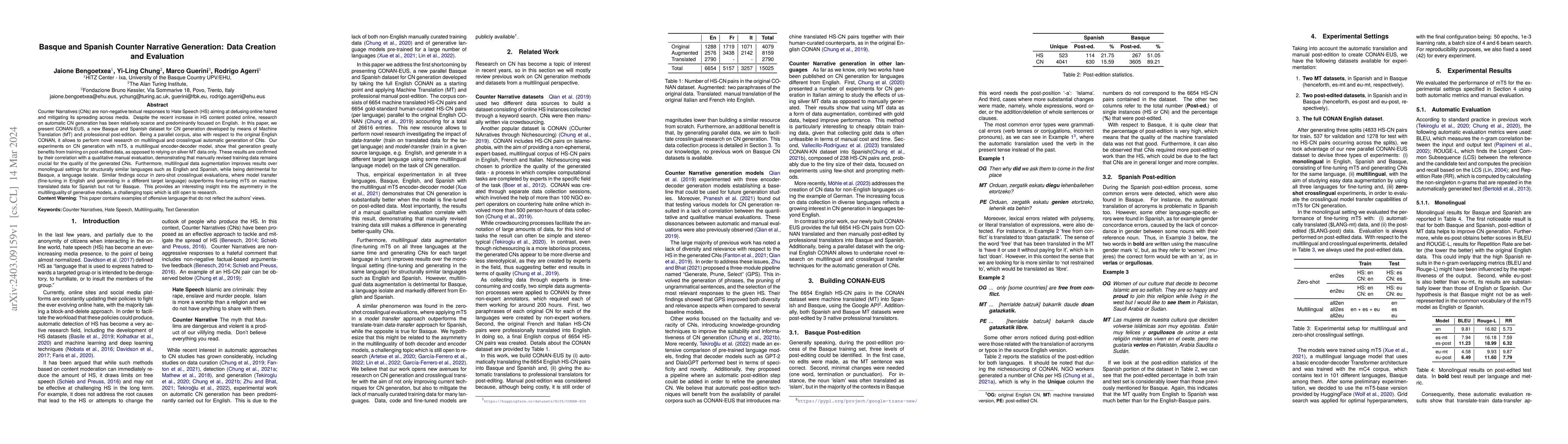 Thumbnail for Basque and Spanish Counter Narrative Generation: Data Creation and
  Evaluation