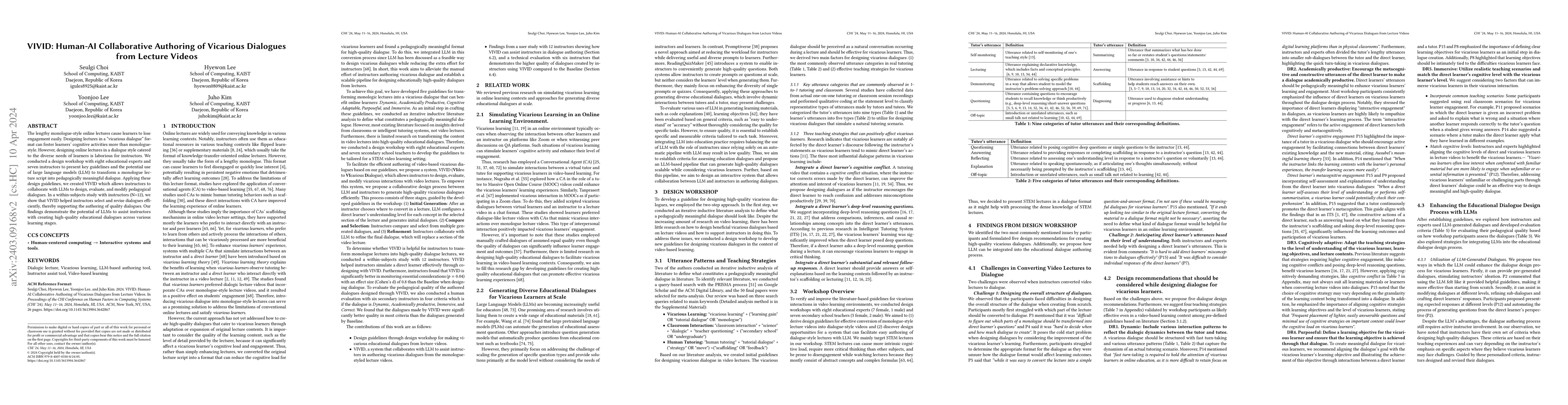 Thumbnail for VIVID: Human-AI Collaborative Authoring of Vicarious Dialogues from
  Lecture Videos
