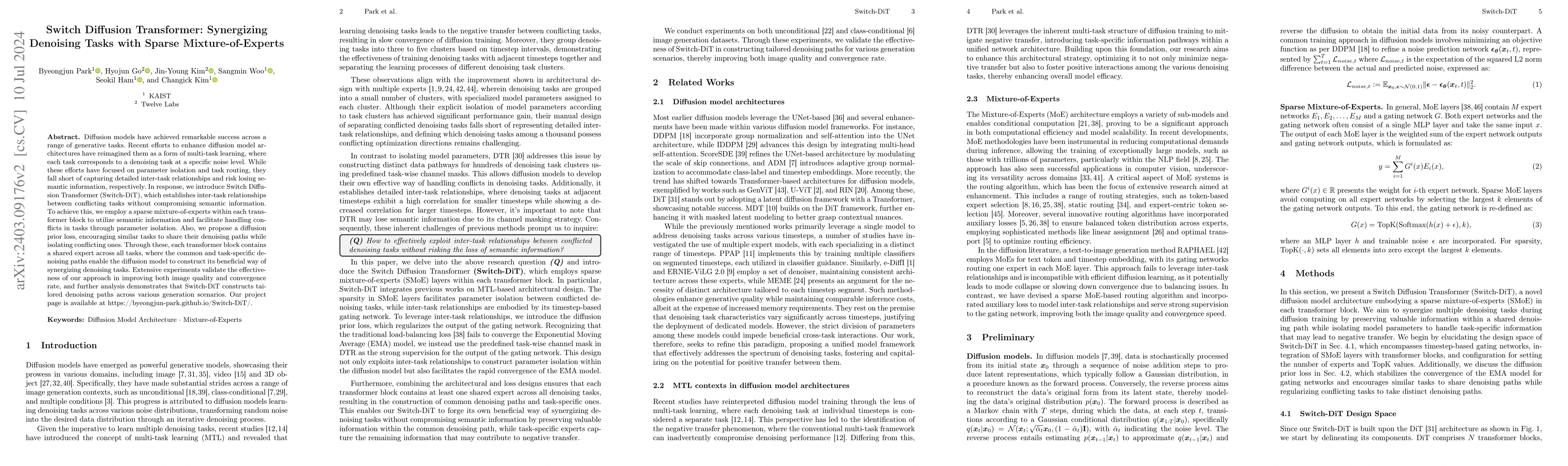 Thumbnail for Switch Diffusion Transformer: Synergizing Denoising Tasks with Sparse
  Mixture-of-Experts