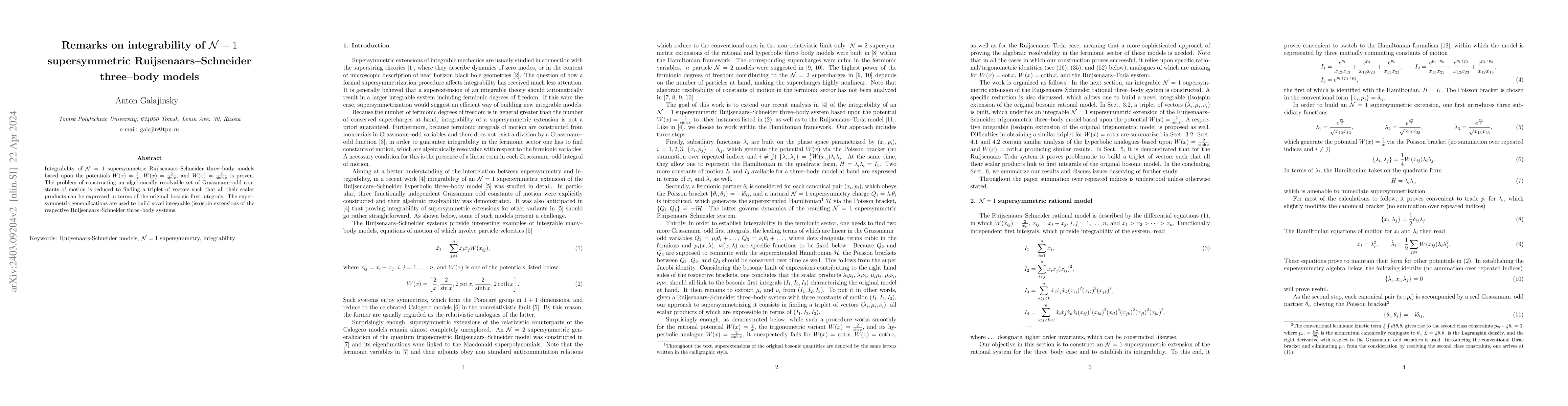 Thumbnail for Remarks on integrability of N=1 supersymmetric Ruijsenaars-Schneider
  three-body models