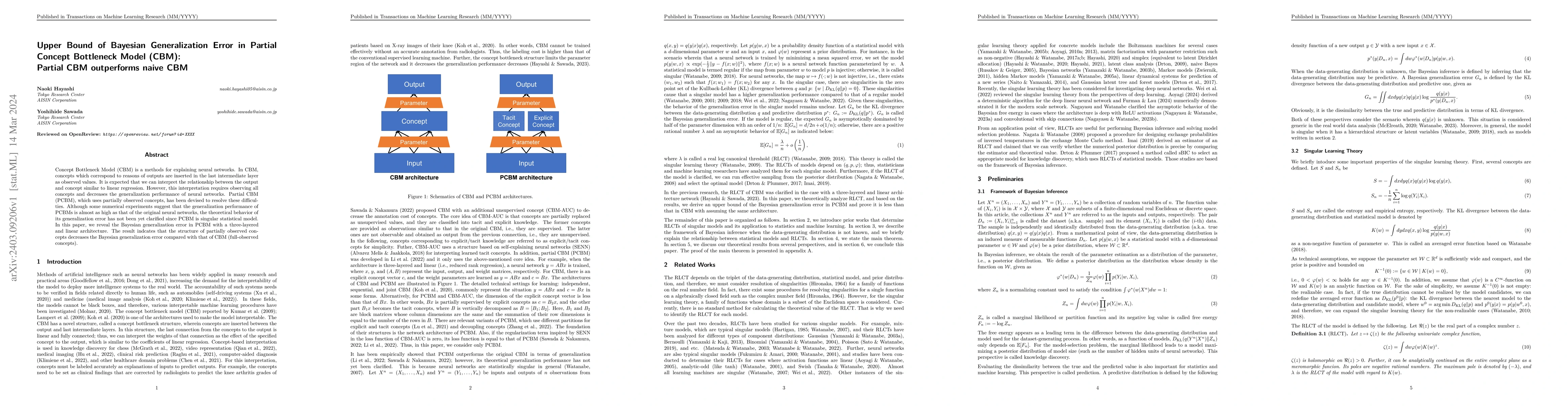 Thumbnail for Upper Bound of Bayesian Generalization Error in Partial Concept
  Bottleneck Model (CBM): Partial CBM outperforms naive CBM