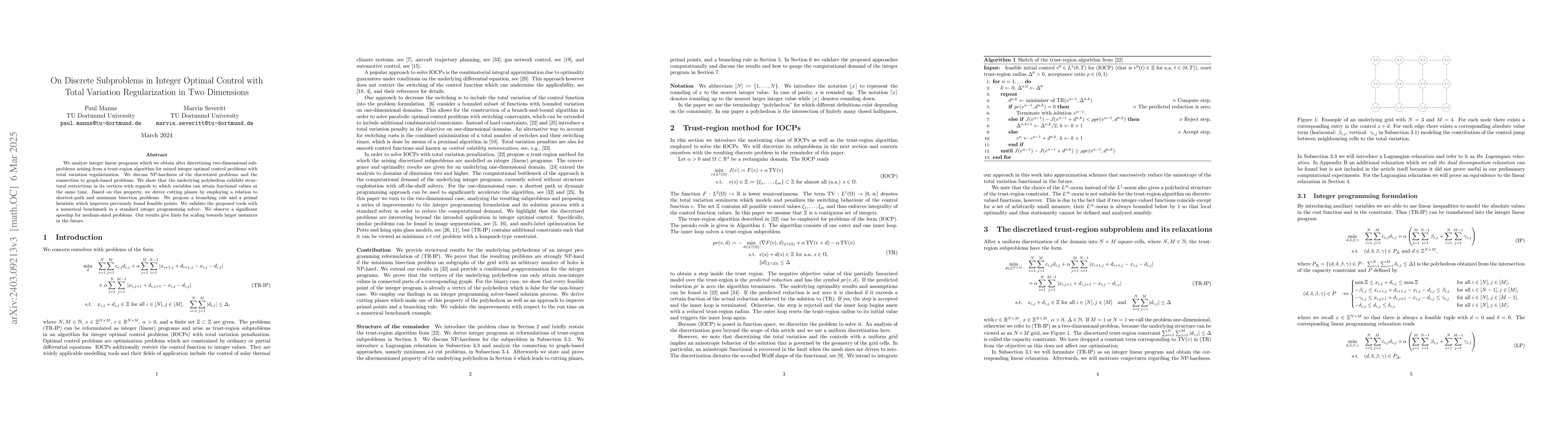 Thumbnail for On Discrete Subproblems in Integer Optimal Control with Total Variation
  Regularization in Two Dimensions