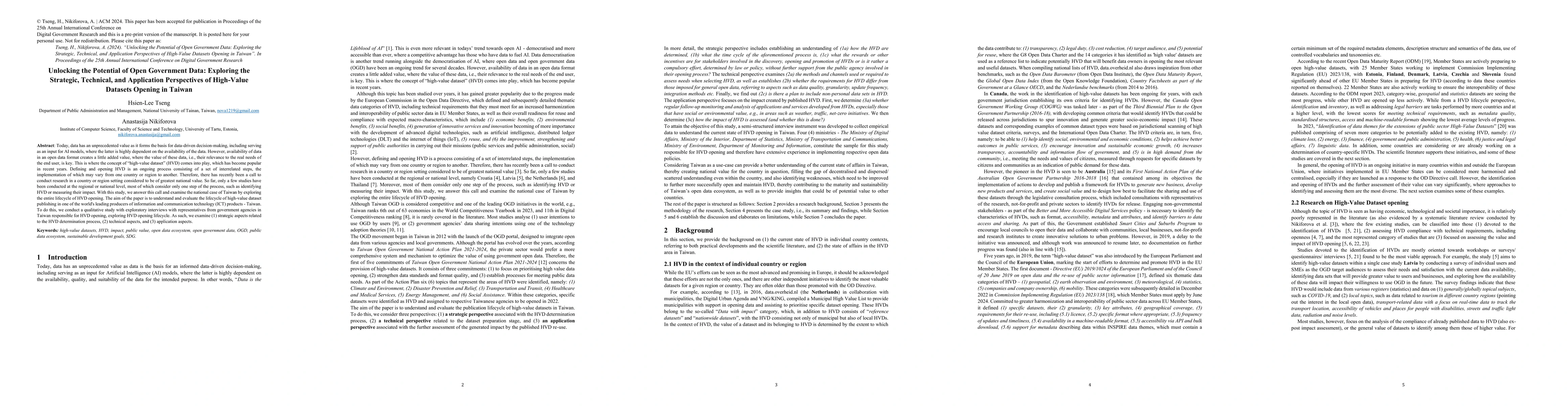 Thumbnail for Unlocking the Potential of Open Government Data: Exploring the
  Strategic, Technical, and Application Perspectives of High-Value Datasets
  Opening in Taiwan