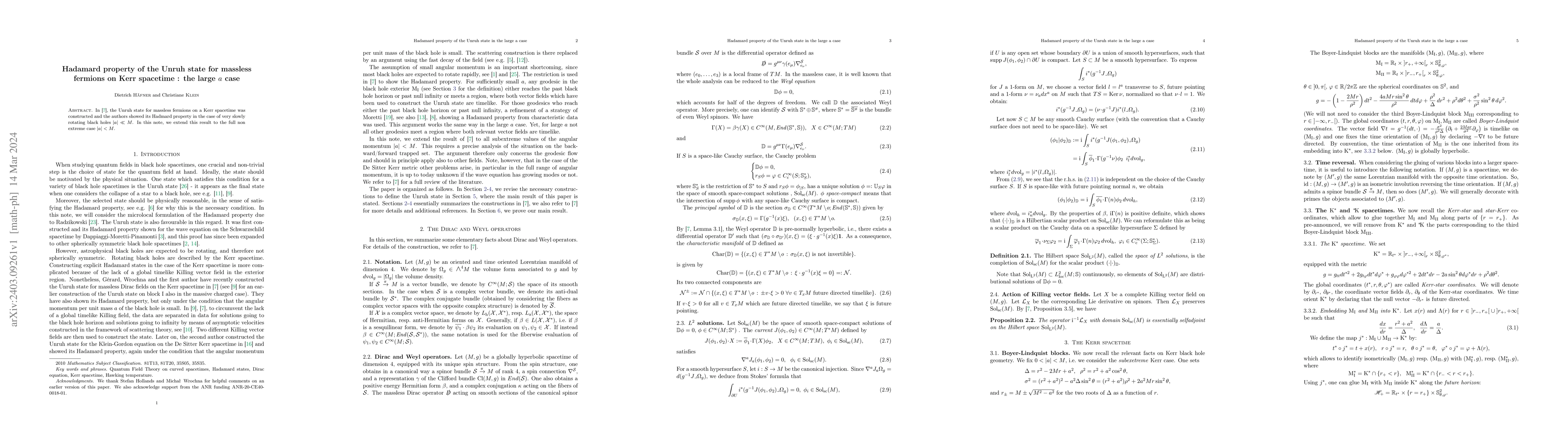 Thumbnail for Hadamard property of the Unruh state for massless fermions on Kerr
  spacetime : the large $a$ case