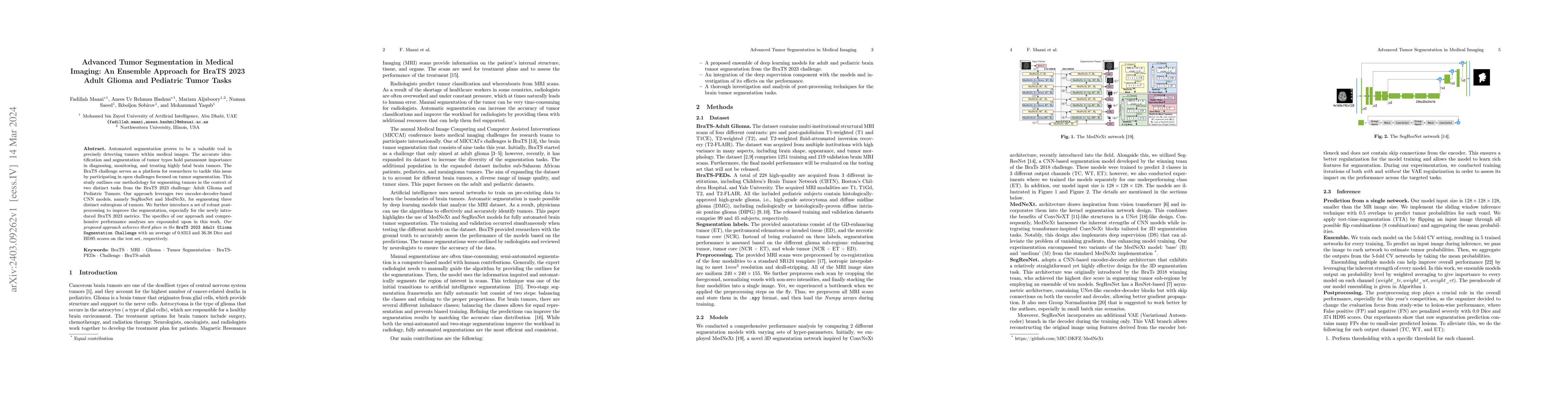 Thumbnail for Advanced Tumor Segmentation in Medical Imaging: An Ensemble Approach for
  BraTS 2023 Adult Glioma and Pediatric Tumor Tasks