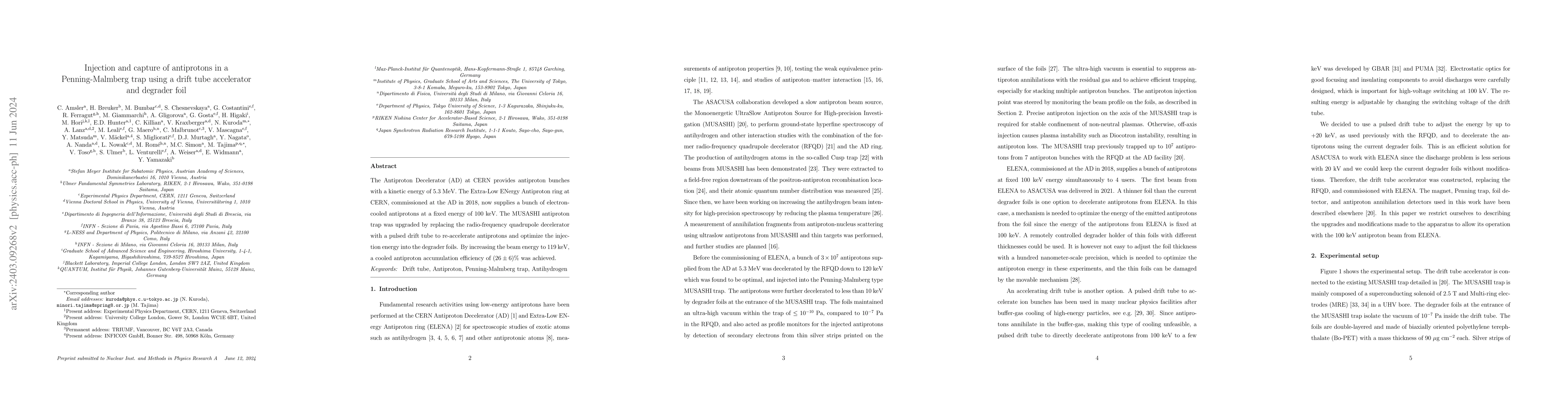 Thumbnail for Injection and capture of antiprotons in a Penning-Malmberg trap using a
  drift tube accelerator and degrader foil