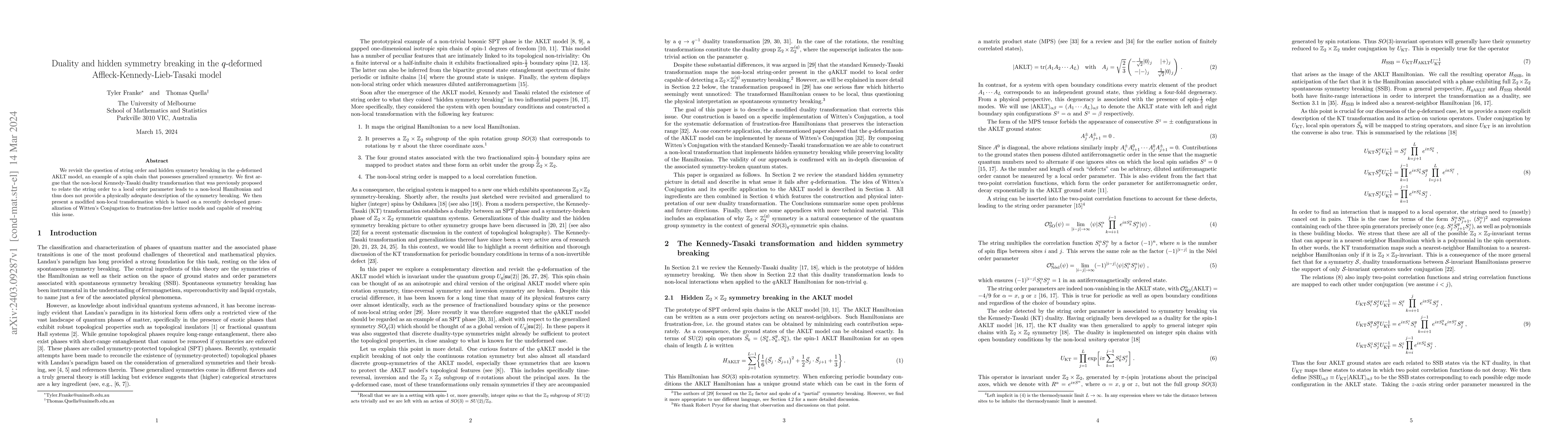 Thumbnail for Duality and hidden symmetry breaking in the q-deformed
  Affleck-Kennedy-Lieb-Tasaki model