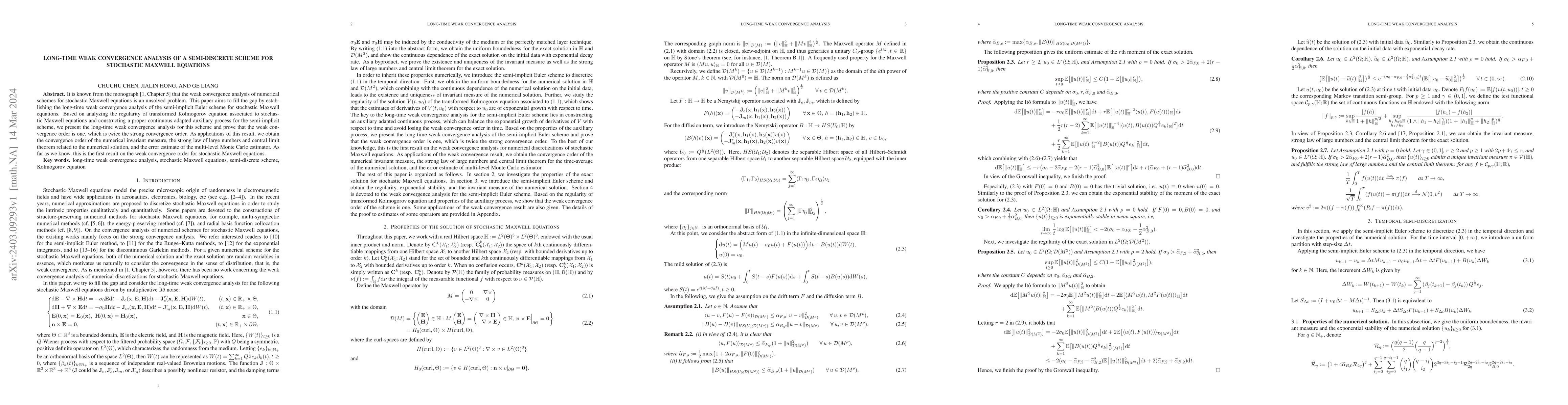 Thumbnail for Long-time weak convergence analysis of a semi-discrete scheme for
  stochastic Maxwell equations