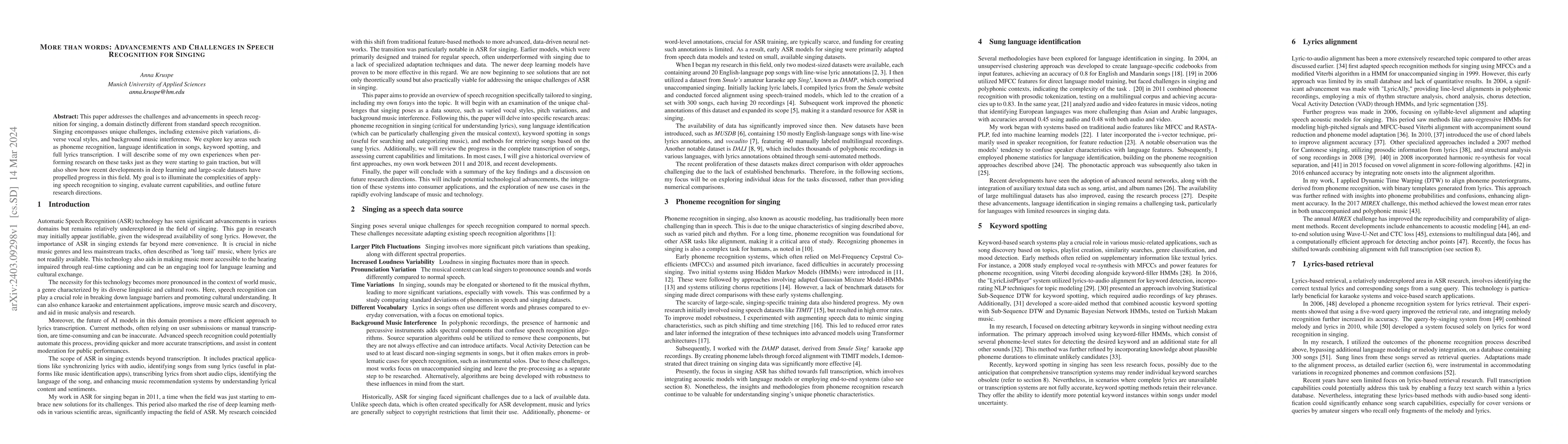 Thumbnail for More than words: Advancements and challenges in speech recognition for
  singing