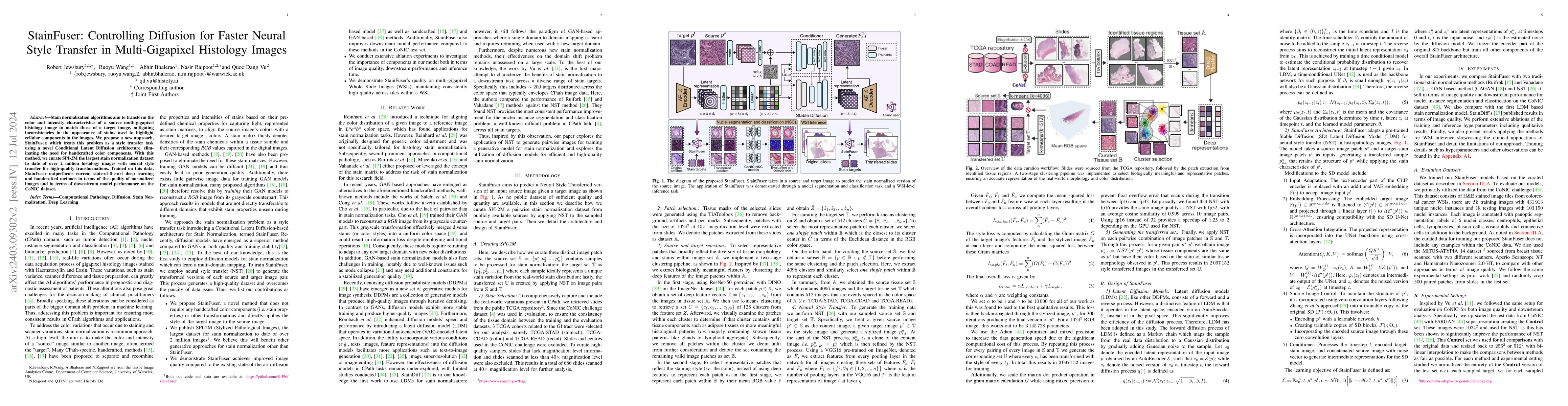 Thumbnail for StainFuser: Controlling Diffusion for Faster Neural Style Transfer in
  Multi-Gigapixel Histology Images