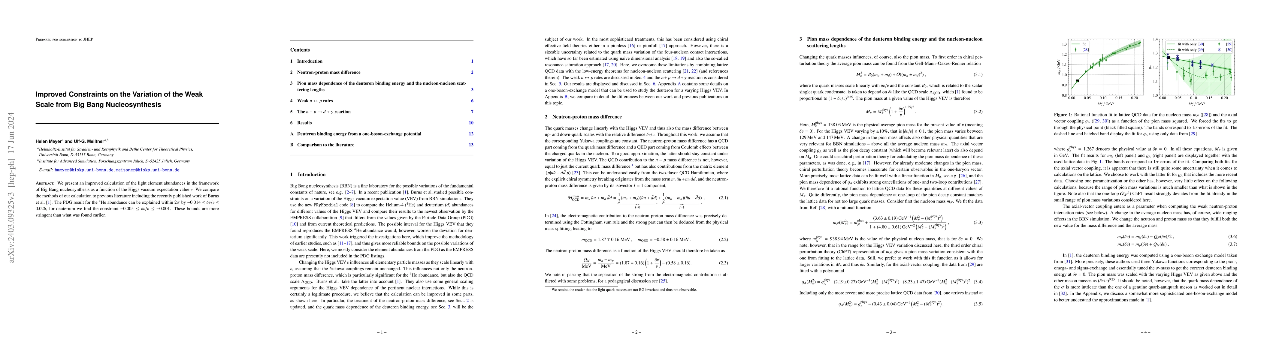 Thumbnail for Improved Constraints on the Variation of the Weak Scale from Big Bang
  Nucleosynthesis