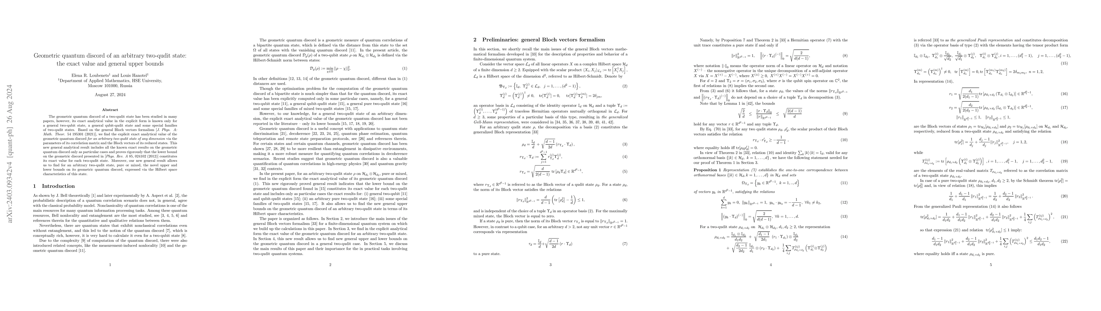 Thumbnail for Geometric quantum discord of an arbitrary two-qudit state: the exact
  value and general upper bounds