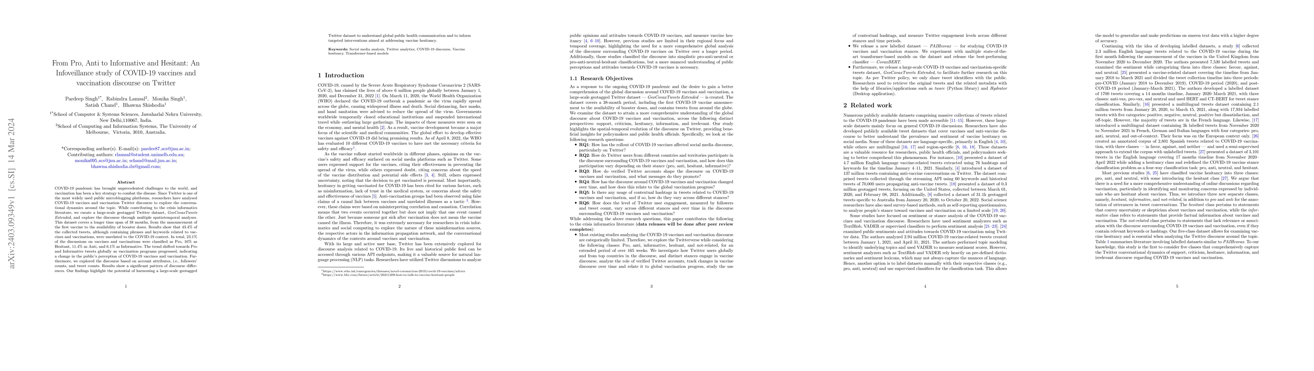 Thumbnail for From Pro, Anti to Informative and Hesitant: An Infoveillance study of
  COVID-19 vaccines and vaccination discourse on Twitter