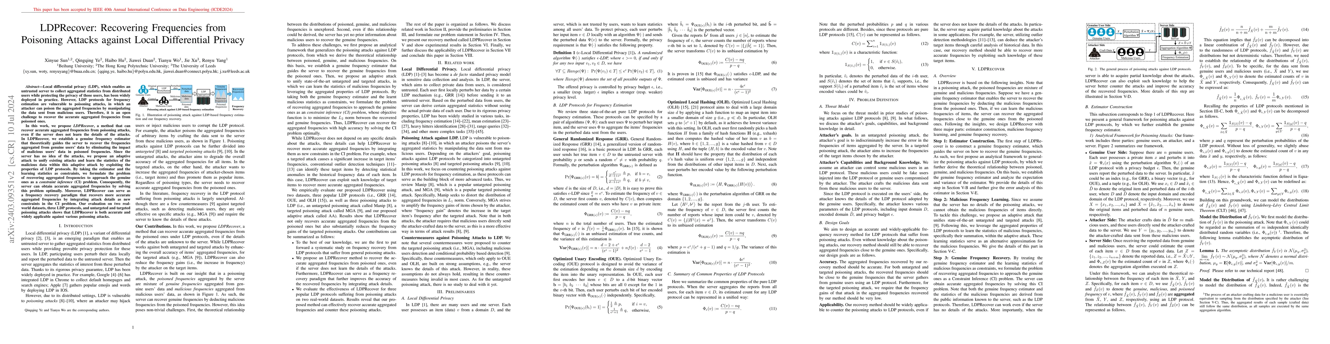 Thumbnail for LDPRecover: Recovering Frequencies from Poisoning Attacks against Local
  Differential Privacy