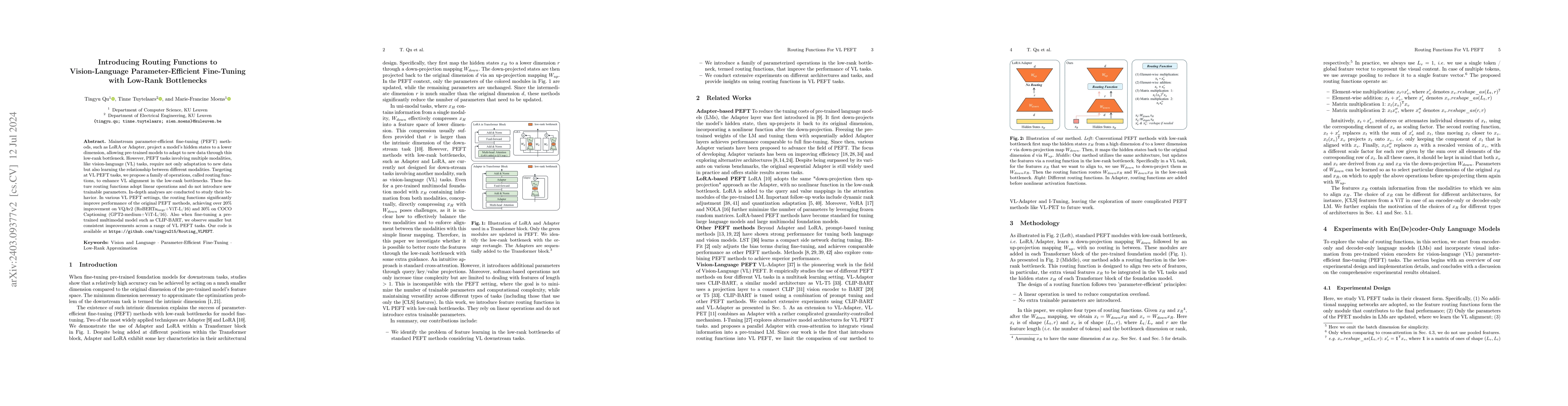 Thumbnail for Introducing Routing Functions to Vision-Language Parameter-Efficient
  Fine-Tuning with Low-Rank Bottlenecks