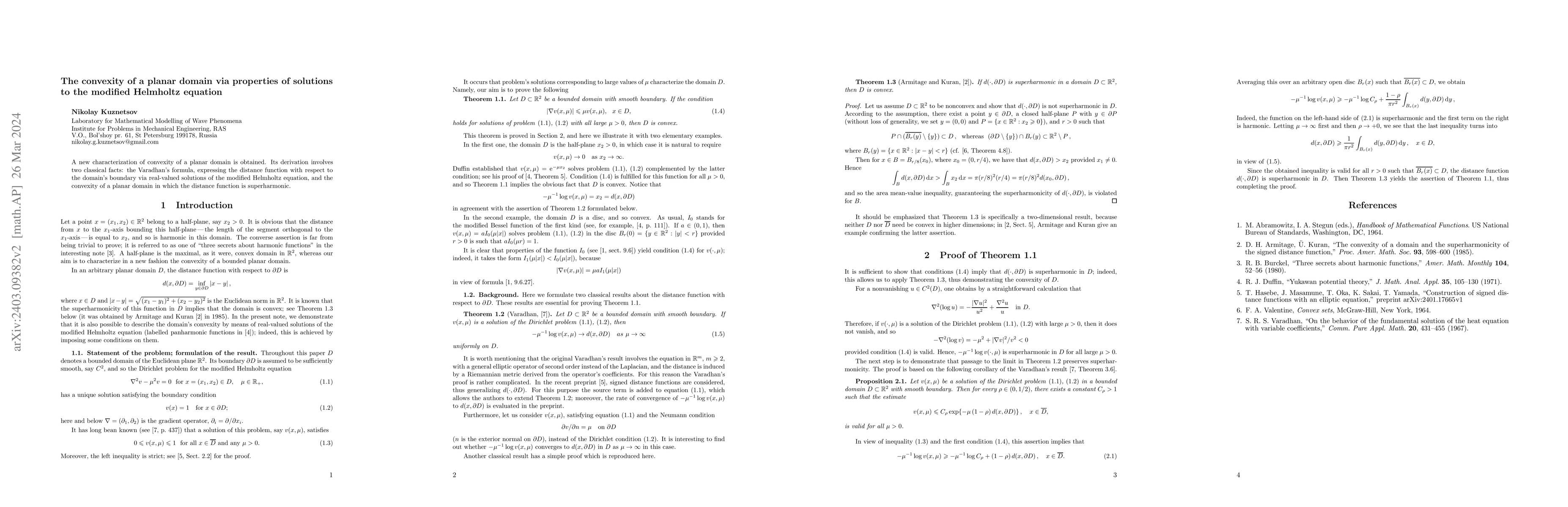 Thumbnail for The convexity of a planar domain via properties of solutions to the
  modified Helmholtz equation