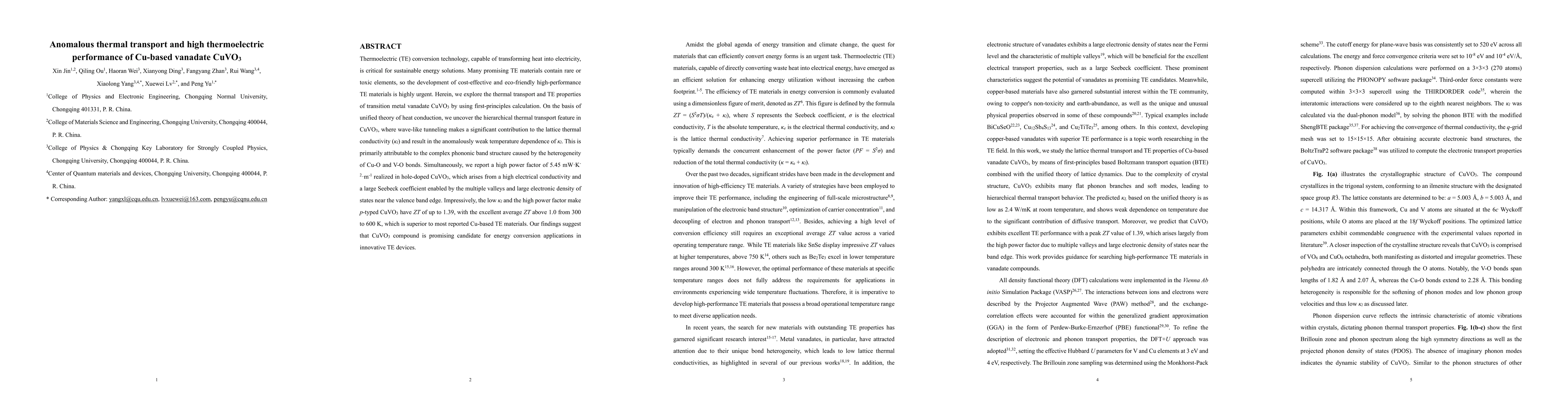Thumbnail for Anomalous thermal transport and high thermoelectric performance of
  Cu-based vanadate CuVO3