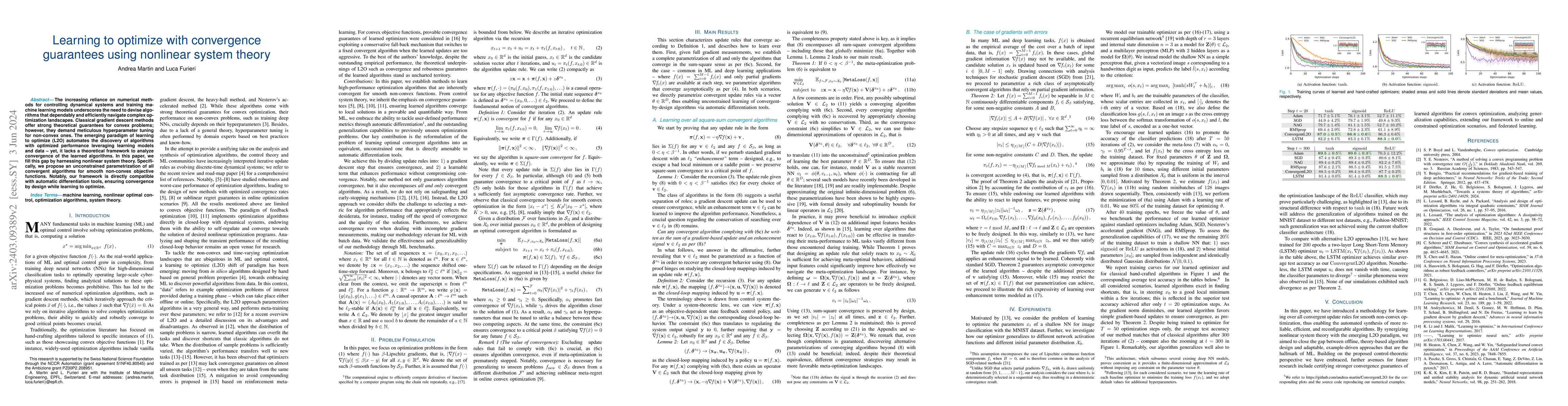 Thumbnail for Learning to optimize with convergence guarantees using nonlinear system
  theory