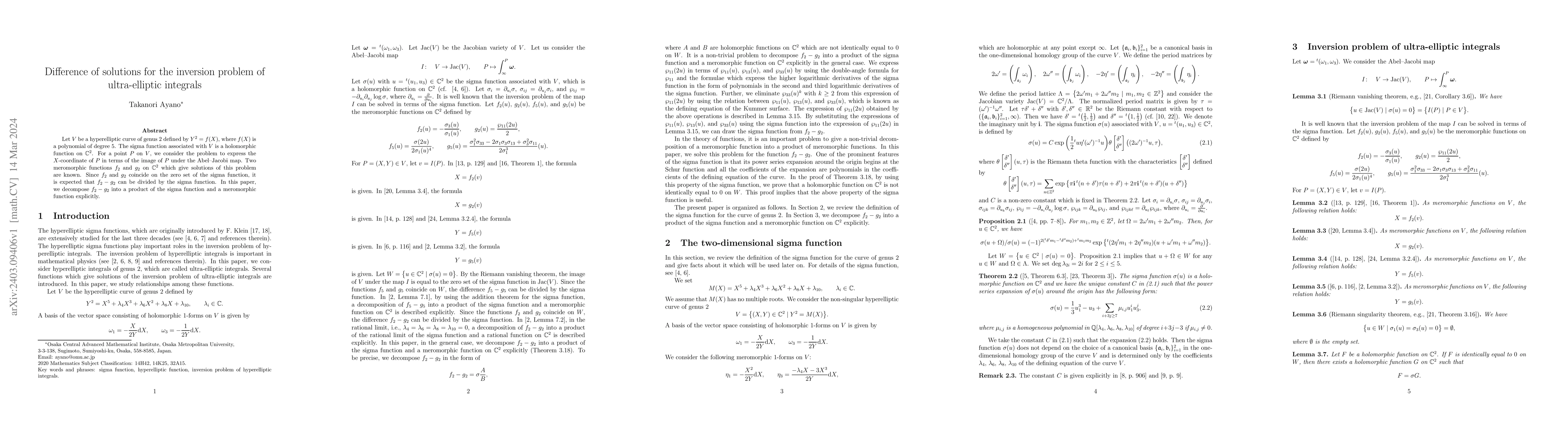 Thumbnail for Difference of solutions for the inversion problem of ultra-elliptic
  integrals