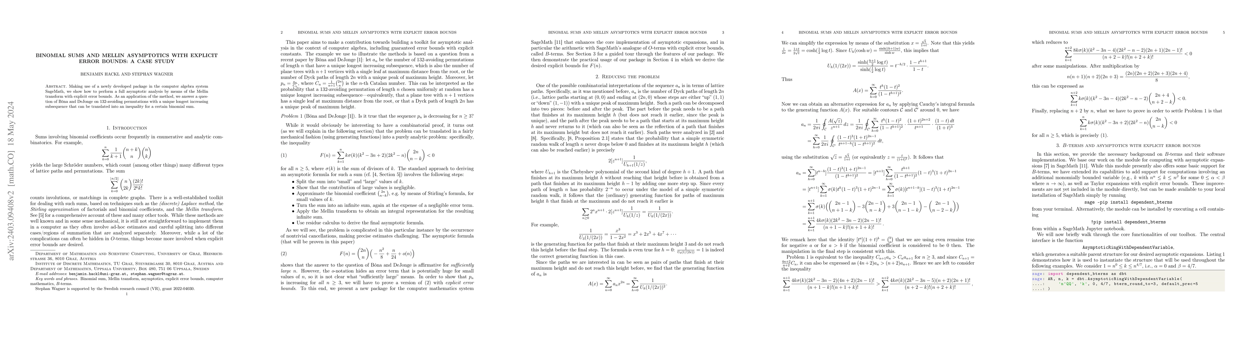 Thumbnail for Binomial sums and Mellin asymptotics with explicit error bounds: a case
  study