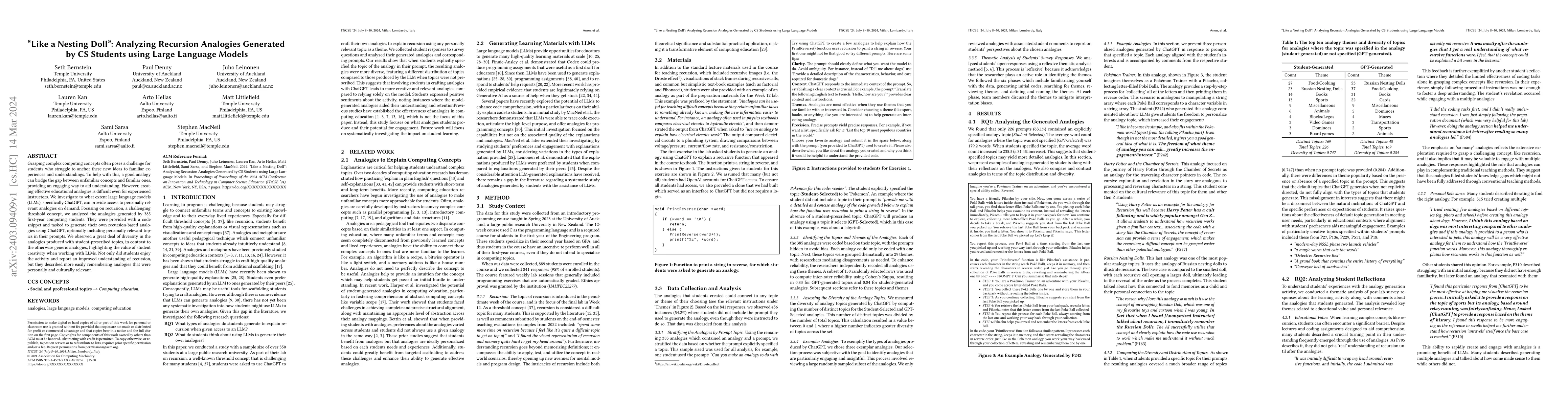 Thumbnail for "Like a Nesting Doll": Analyzing Recursion Analogies Generated by CS
  Students using Large Language Models
