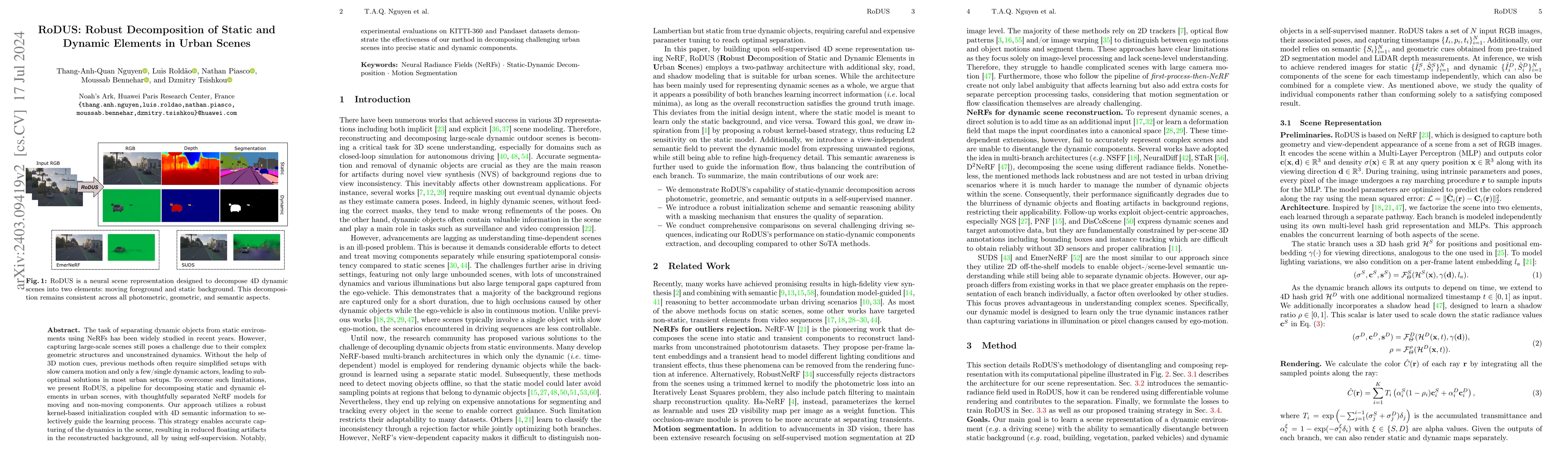 Thumbnail for RoDUS: Robust Decomposition of Static and Dynamic Elements in Urban
  Scenes