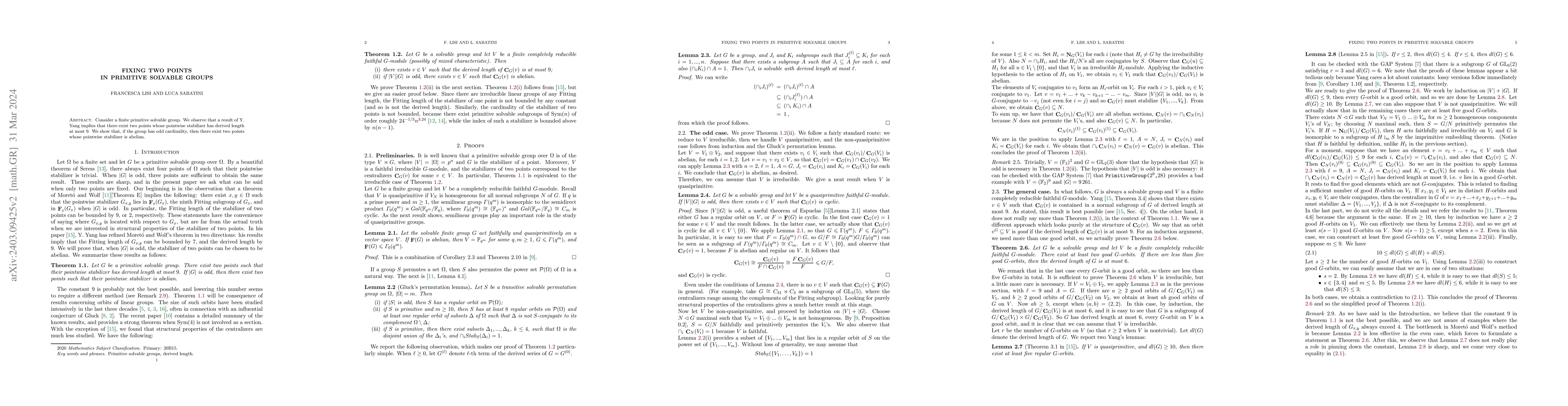 Thumbnail for Fixing two points in primitive solvable groups