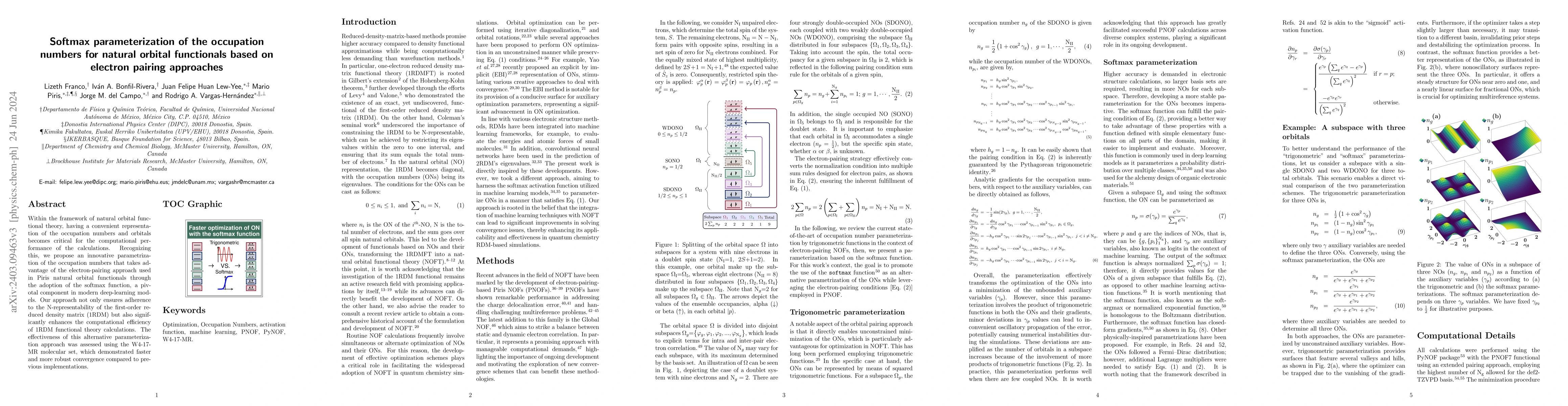 Thumbnail for Softmax parameterization of the occupation numbers for natural orbital
  functionals based on electron pairing approaches