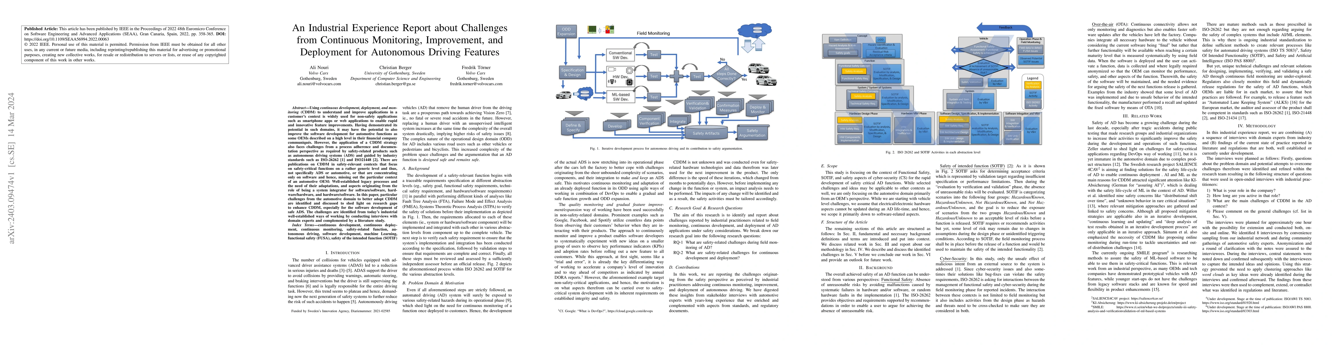 Thumbnail for An Industrial Experience Report about Challenges from Continuous
  Monitoring, Improvement, and Deployment for Autonomous Driving Features