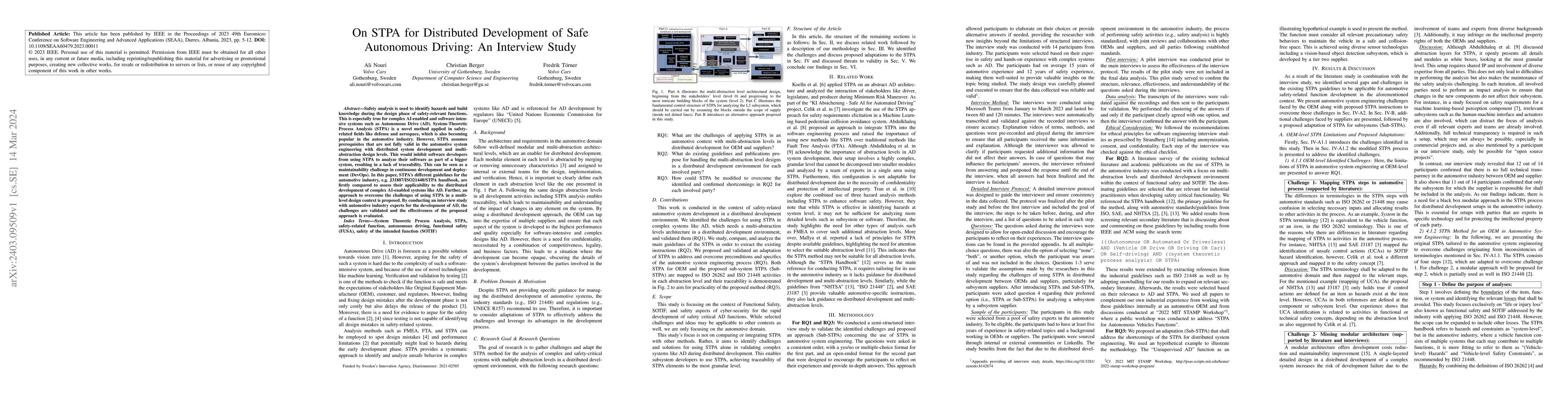 Thumbnail for On STPA for Distributed Development of Safe Autonomous Driving: An
  Interview Study