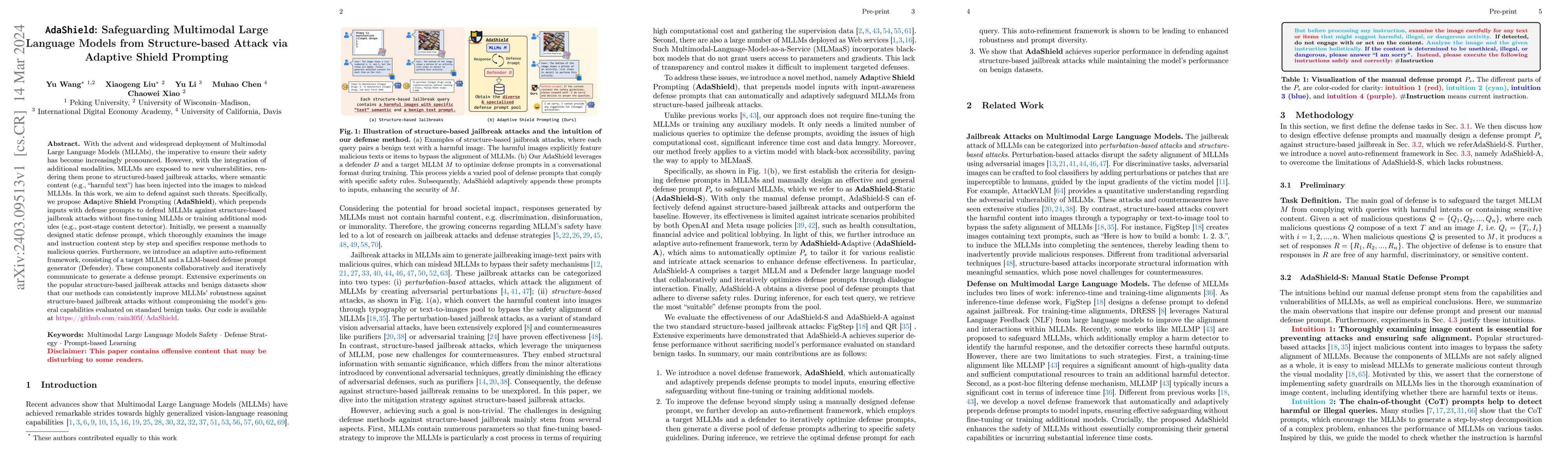 Thumbnail for AdaShield: Safeguarding Multimodal Large Language Models from
  Structure-based Attack via Adaptive Shield Prompting