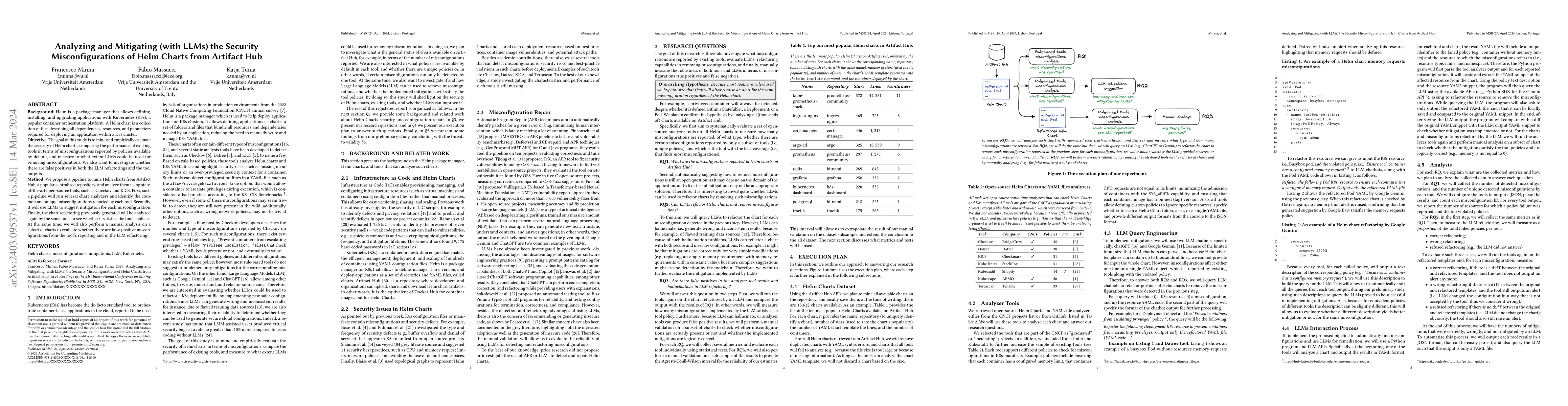 Thumbnail for Analyzing and Mitigating (with LLMs) the Security Misconfigurations of
  Helm Charts from Artifact Hub