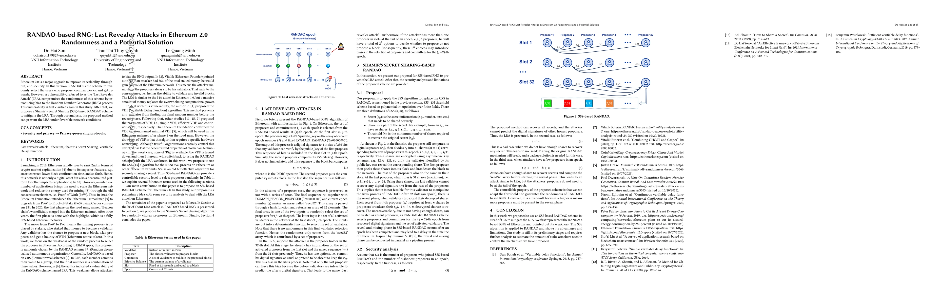 Thumbnail for RANDAO-based RNG: Last Revealer Attacks in Ethereum 2.0 Randomness and a
  Potential Solution