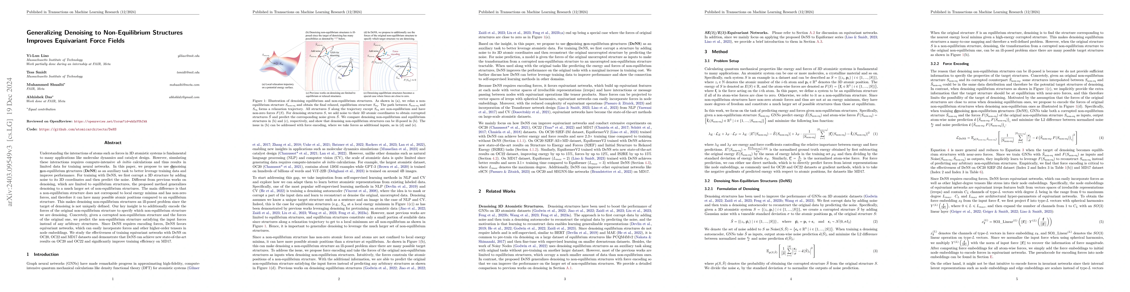 Thumbnail for Generalizing Denoising to Non-Equilibrium Structures Improves
  Equivariant Force Fields