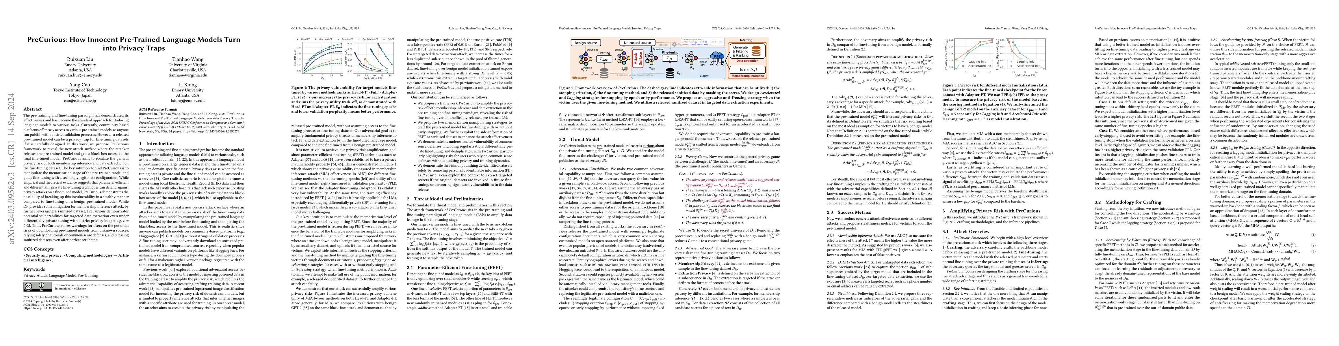 Thumbnail for PreCurious: How Innocent Pre-Trained Language Models Turn into Privacy
  Traps
