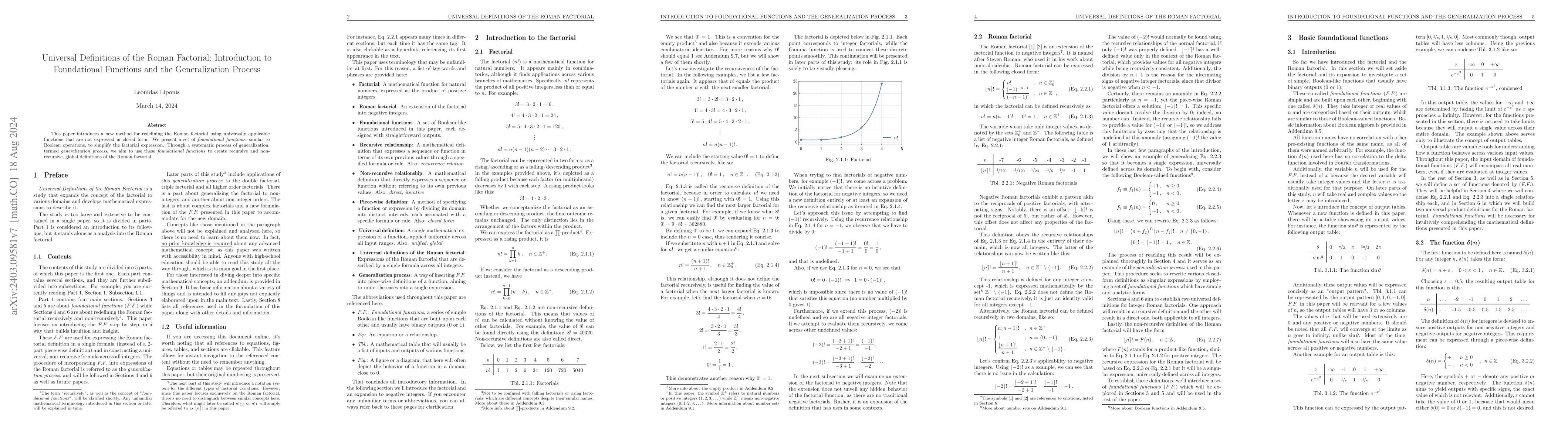 Thumbnail for Universal Definitions of the Roman Factorial: Introduction to
  Foundational Functions and the Generalization Process