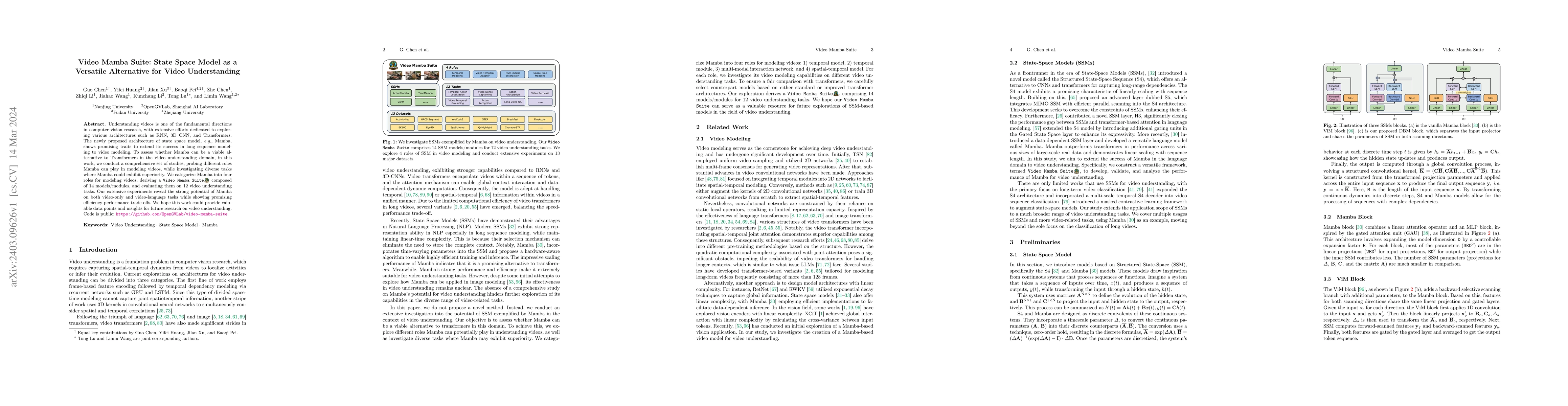 Thumbnail for Video Mamba Suite: State Space Model as a Versatile Alternative for
  Video Understanding