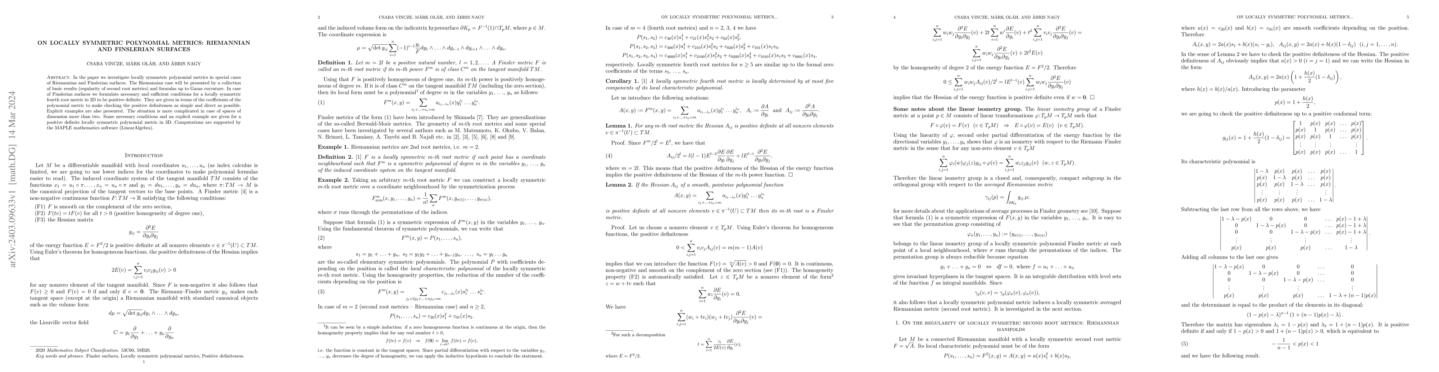 Thumbnail for On locally symmetric polynomial metrics: Riemannian and Finslerian
  surfaces