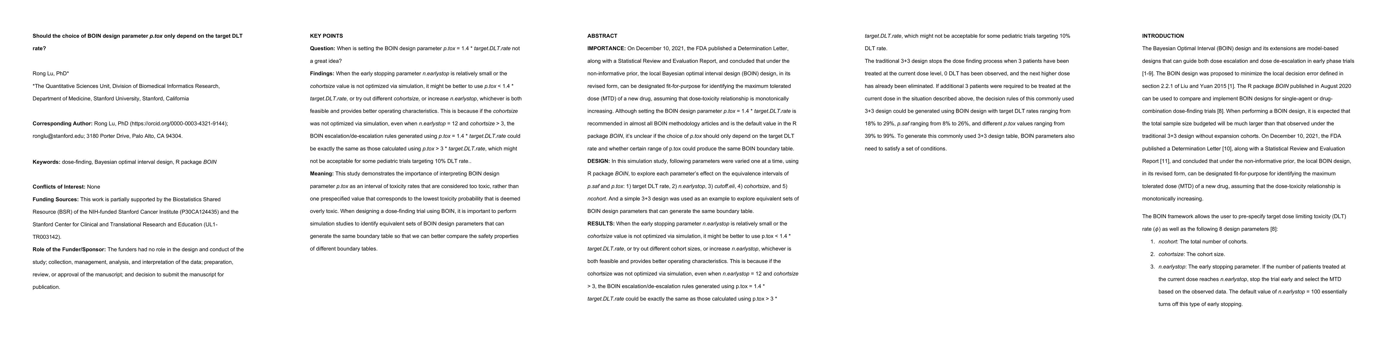 Thumbnail for Should the choice of BOIN design parameter p.tox only depend on the
  target DLT rate?