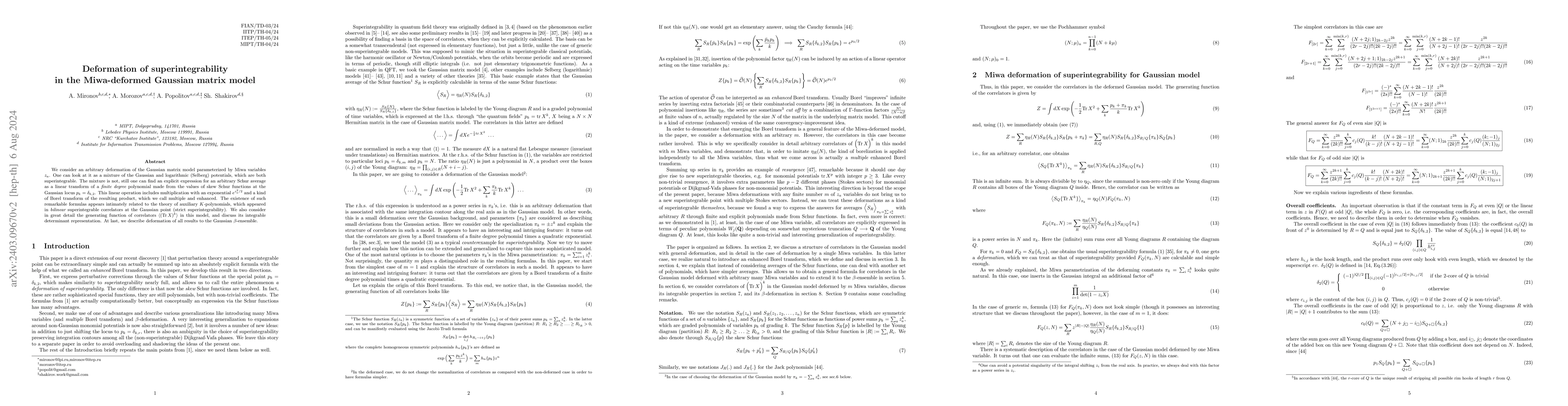 Thumbnail for Deformation of superintegrability in the Miwa-deformed Gaussian matrix
  model